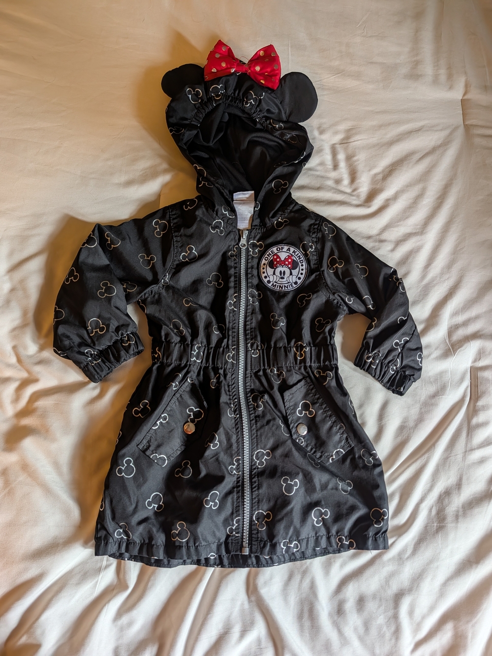 Disney Minnie Mouse Girls 2T Hooded Windbreaker Jacket Ears Bow Black